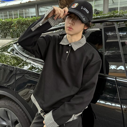 Miu fake two-piece patchwork plaid long-sleeved polo lapel