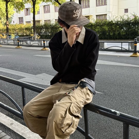 RTIMFD千鸟格拼接太空棉polo松弛长袖Cleanfit短宽抗皱卫衣老钱风