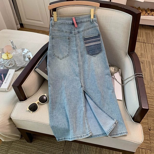 300 catties large size slim slit denim skirt skirt for women 2025 new fat mm design niche mid-length skirt