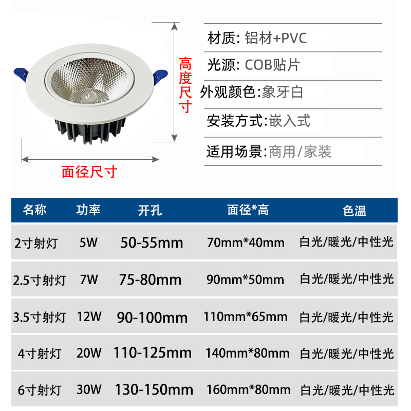 COB射灯嵌入式聚光洗墙筒灯防眩可调角度20W30w店铺商用led天花灯