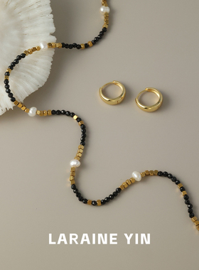 黑尖晶石淡水珍珠手工串珠项链锁骨链毛衣链原创设计颈链新款