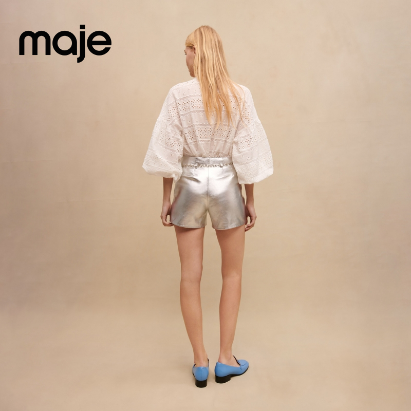 Maje Outlets女装法式时尚银色链条装饰方形贴袋直筒羊皮革短裤 - 图0