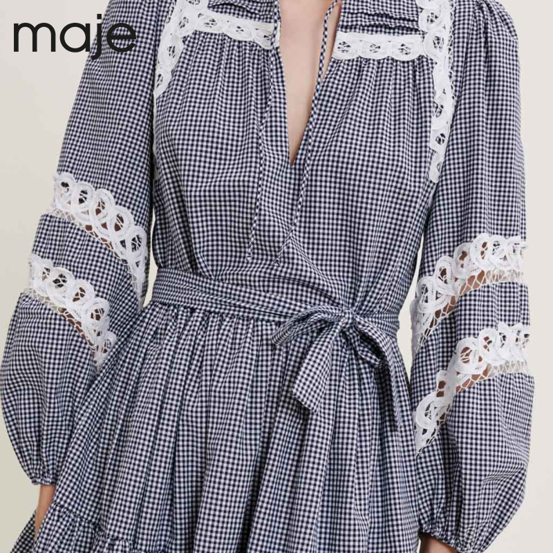 Maje Outlet春秋女装蓝色格纹灯笼袖收腰连衣裙短裙MFPRO02172