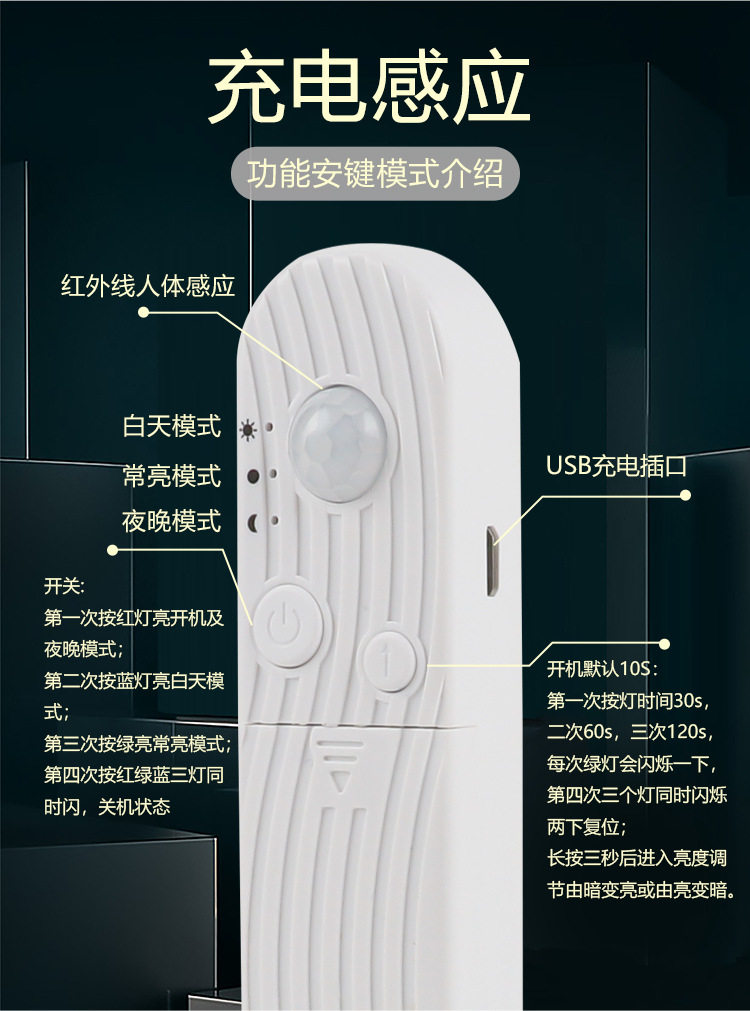 充电人体感应无光斑cob灯带自粘led灯条客厅卧室床头柜镜子氛围灯
