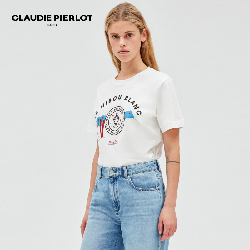 CLAUDIE PIERLOT Outlet夏季女装休闲白色印花短袖T恤CFPTS00792-图0