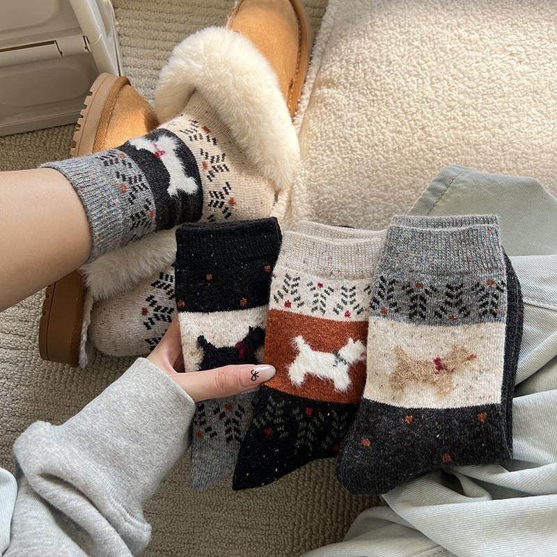 复古费尔岛小狗袜子女秋冬季中筒袜加厚款长袜可爱保暖睡眠袜,淘宝优惠券,粉丝福利购,淘宝优惠卷