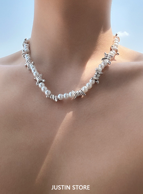 施家荆棘拼接珍珠项链男欧美嘻哈