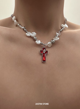 红锆石十字架吊坠珍珠拼接项链