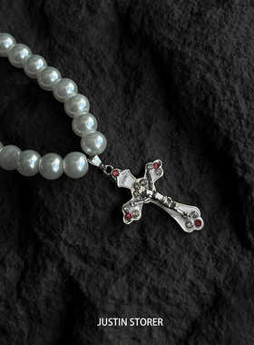 原创设计百搭十字架珍珠项链男