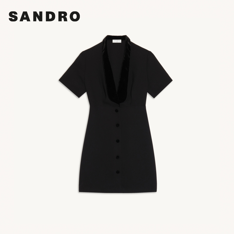 SANDRO Outlet女装法式复古V领短袖收腰西装黑色连衣裙SFPRO01981-图3