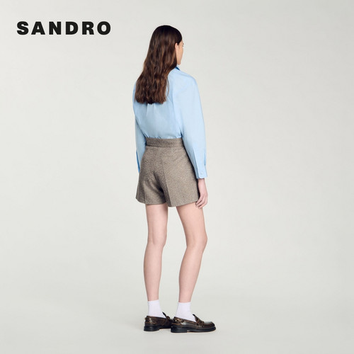SANDRO Outlets秋冬女装法式休闲通勤棉质米黄色高腰直筒西装短裤 - 图0