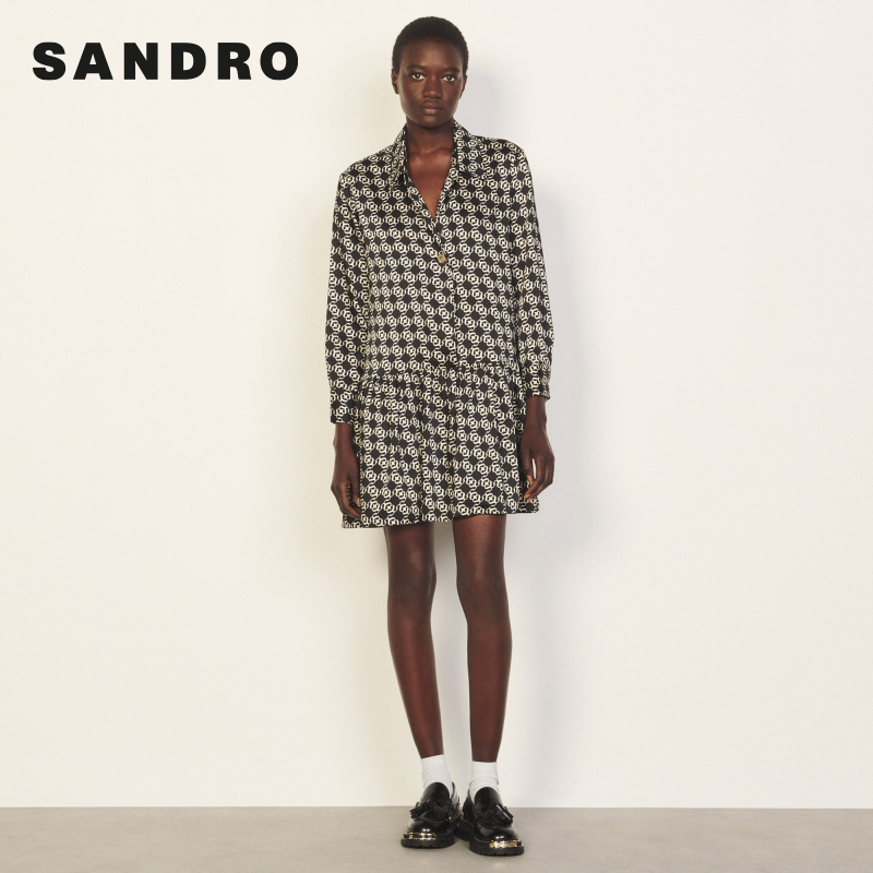 SANDRO Outlet女装法式时尚S字母印花衬衫领褶皱连衣裙SFPRO02063 - 图3