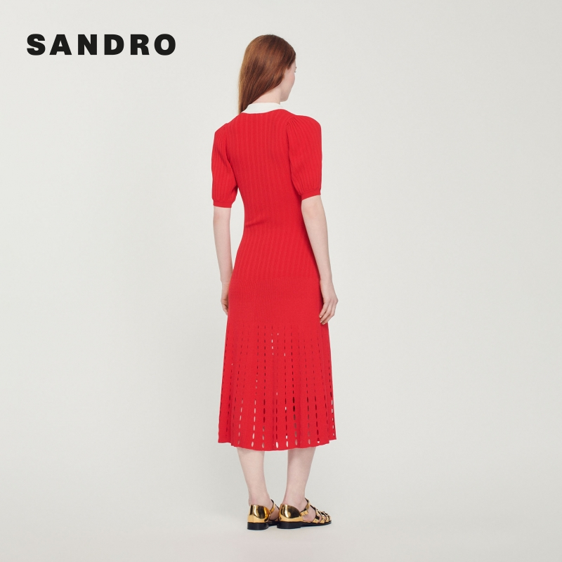 SANDRO Outlet女装法式V领收腰针织红色连衣裙长裙SFPRO02742 - 图1