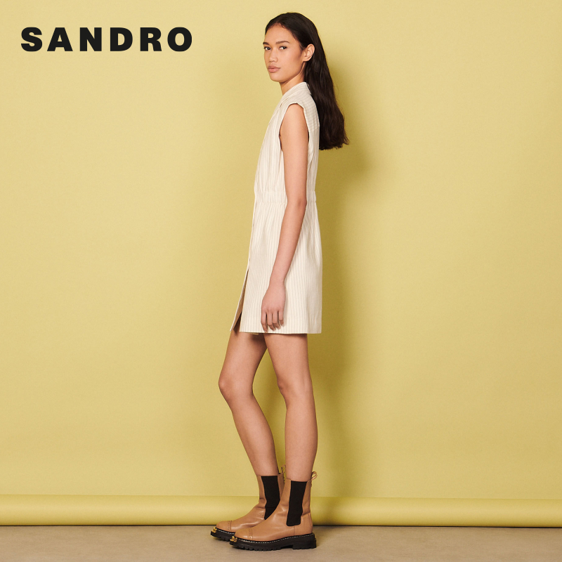 SANDRO Outlet女装春夏优雅撞色西装领无袖白色连衣裙SFPRO02109 - 图0