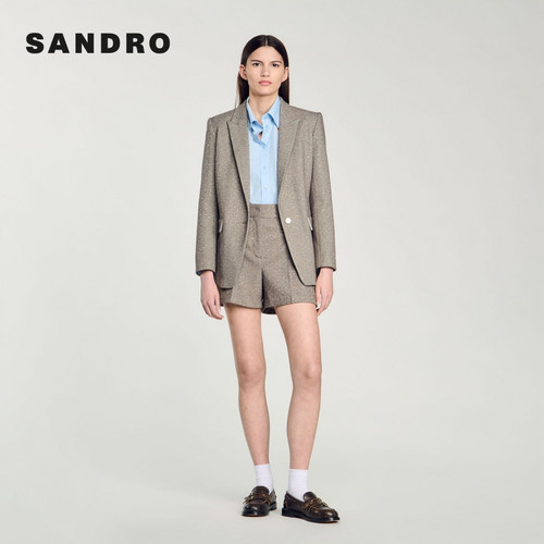 SANDRO Outlets秋冬女装法式休闲通勤棉质米黄色高腰直筒西装短裤 - 图1