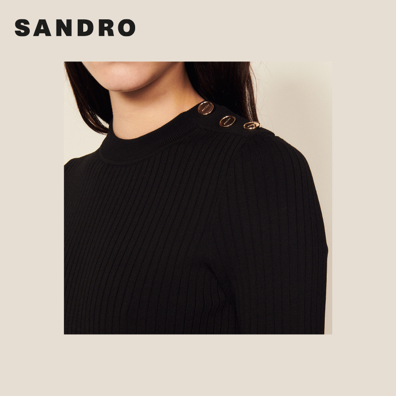 SANDRO Outlet女装法式简约黑色收腰短款针织连衣裙SFPRO02127 - 图2