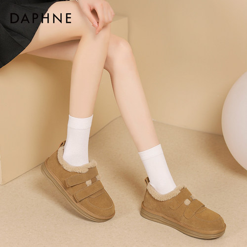 达芙妮加绒勃肯鞋女2025冬季新款真皮女鞋一脚蹬软底棉鞋子雪地靴 - 图1