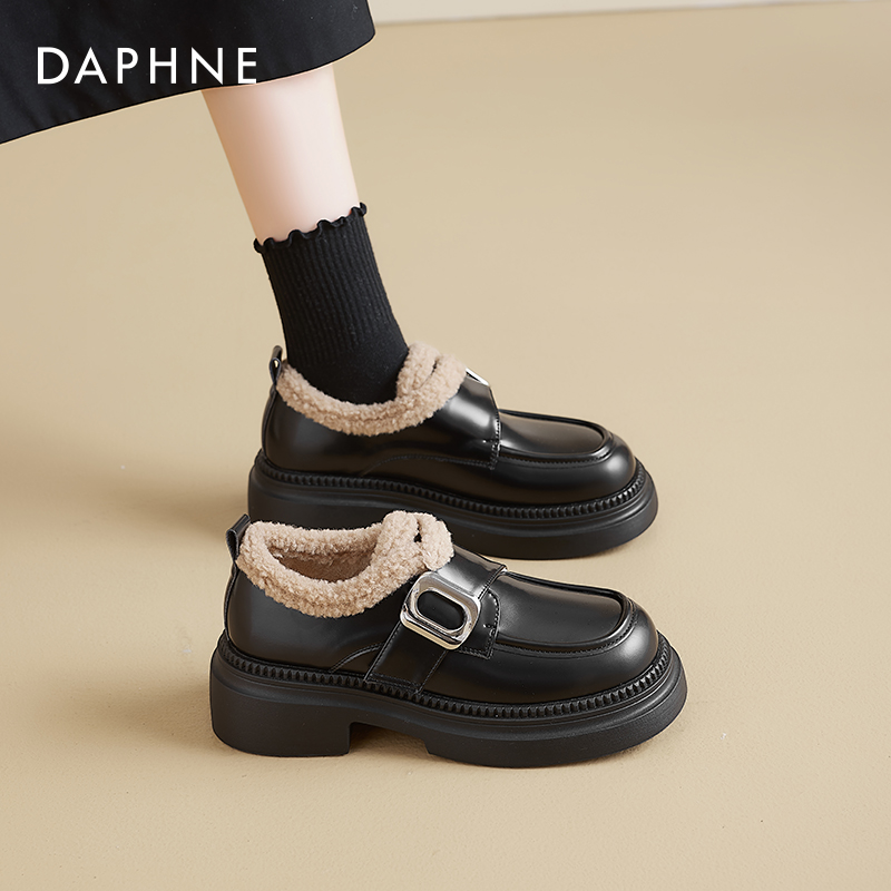 达芙妮厚底魔术贴乐福鞋女冬季加绒大棉鞋2025新款保暖雪地靴皮鞋 - 图0