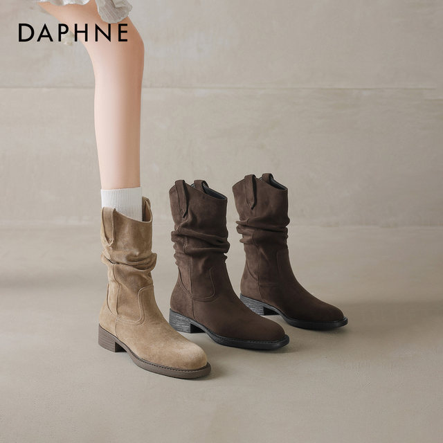 Daphne Retro Mid-Tube Boots Suede Stack Boots Knight
