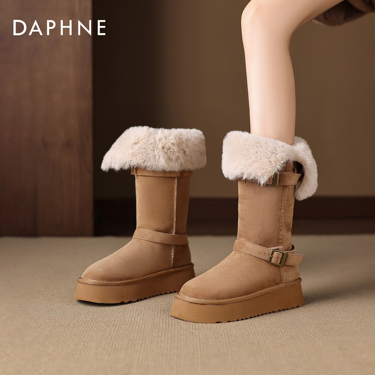 达芙妮加绒雪地靴女款2025新款冬季厚底东北棉靴加厚保暖长筒靴子 - 图0