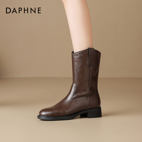 达芙妮中筒靴女冬季平底加绒短靴2025新款瘦瘦靴子皮鞋骑士马丁靴