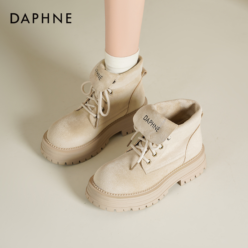 达芙妮厚底马丁靴女款2025新款秋冬靴子复古翻盖大黄靴棕色短靴女 - 图0