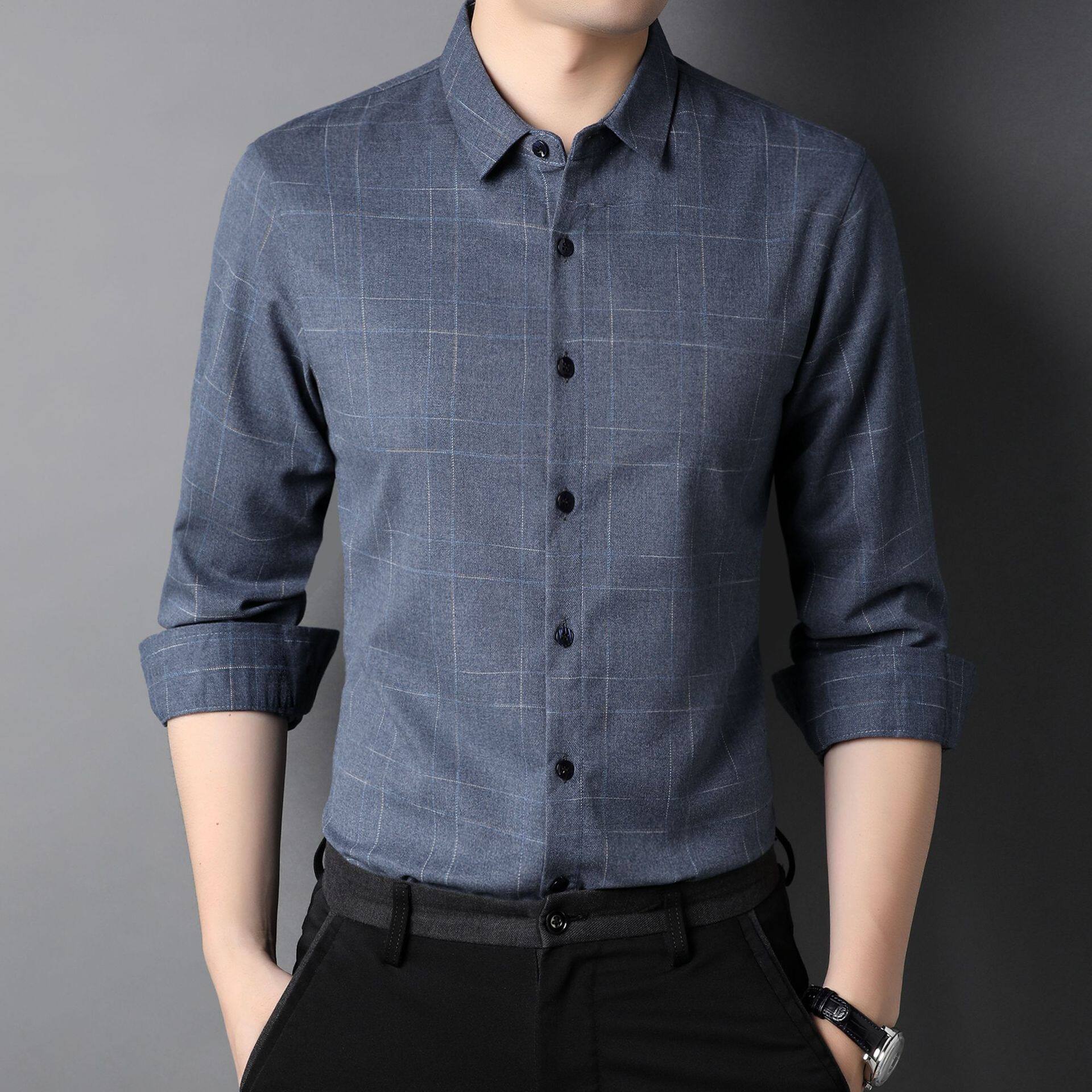 男装长袖衬衫春秋冬新款中青年商务休闲男士翻领条纹免烫百搭衬衣