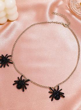 Vintage black spider pendant necklace with collarbone chain