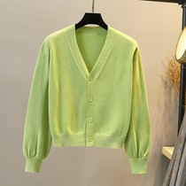 New cardiovert sweater womens spring autumn outings loose V collar jacket Bull Oil Fruit Green Light Cage Sleeves Short Knitted Blouse