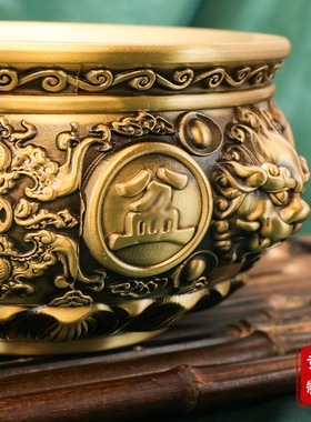 【唐腾铜艺】黄铜复古狮头聚宝盆办公室客厅家居送礼创意桌面摆件