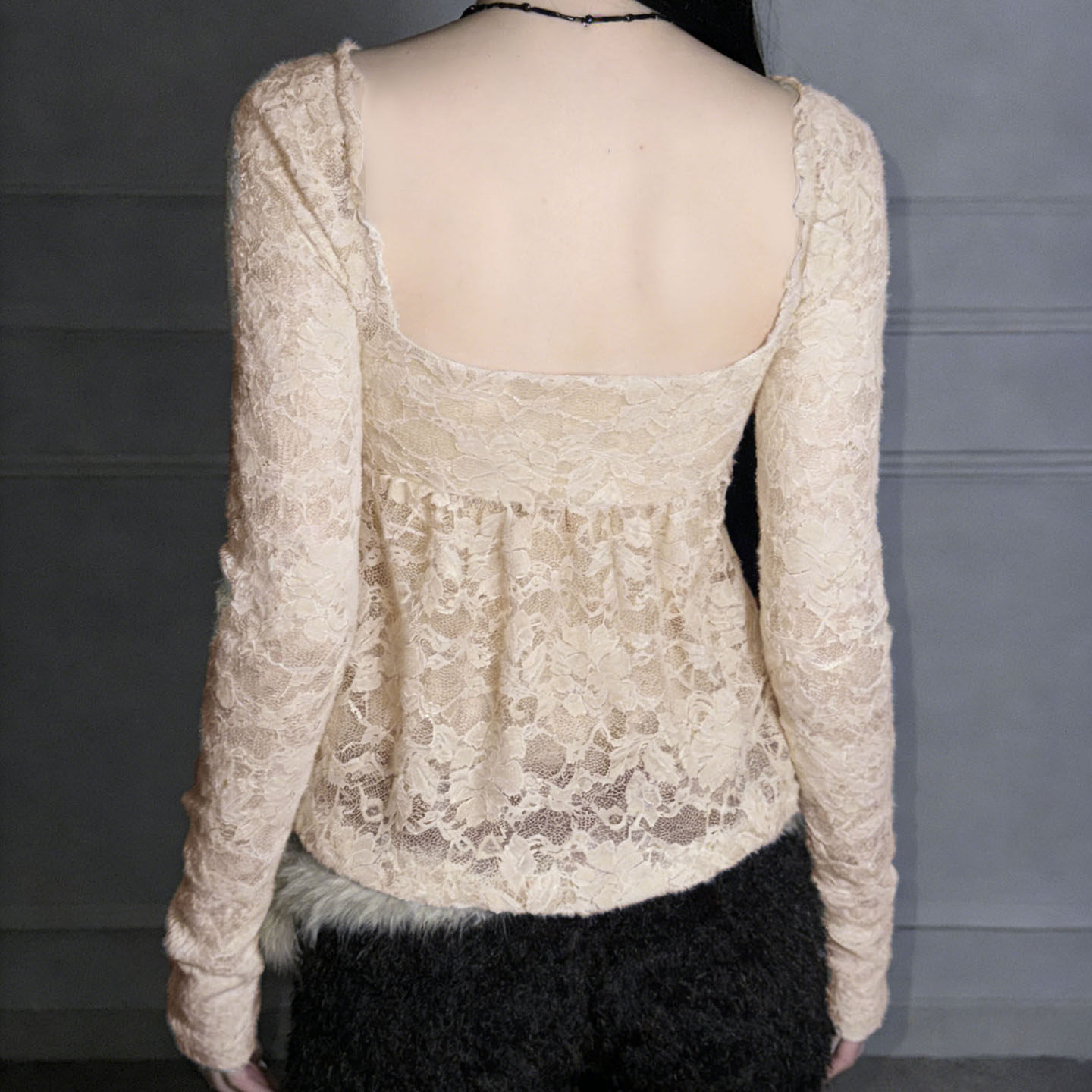 AOMR 法式纯欲收褶胸型蕾丝方领长袖T恤女修身A摆辣妹娃娃衫上衣,淘宝优惠券,粉丝福利购,淘宝优惠卷