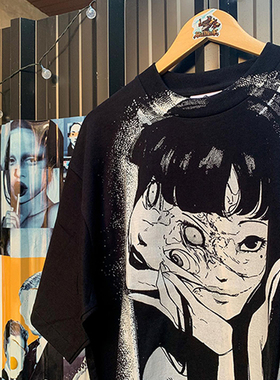 Junji Ito Tomie创作插画卡通复古重磅rapper穿搭短袖T恤