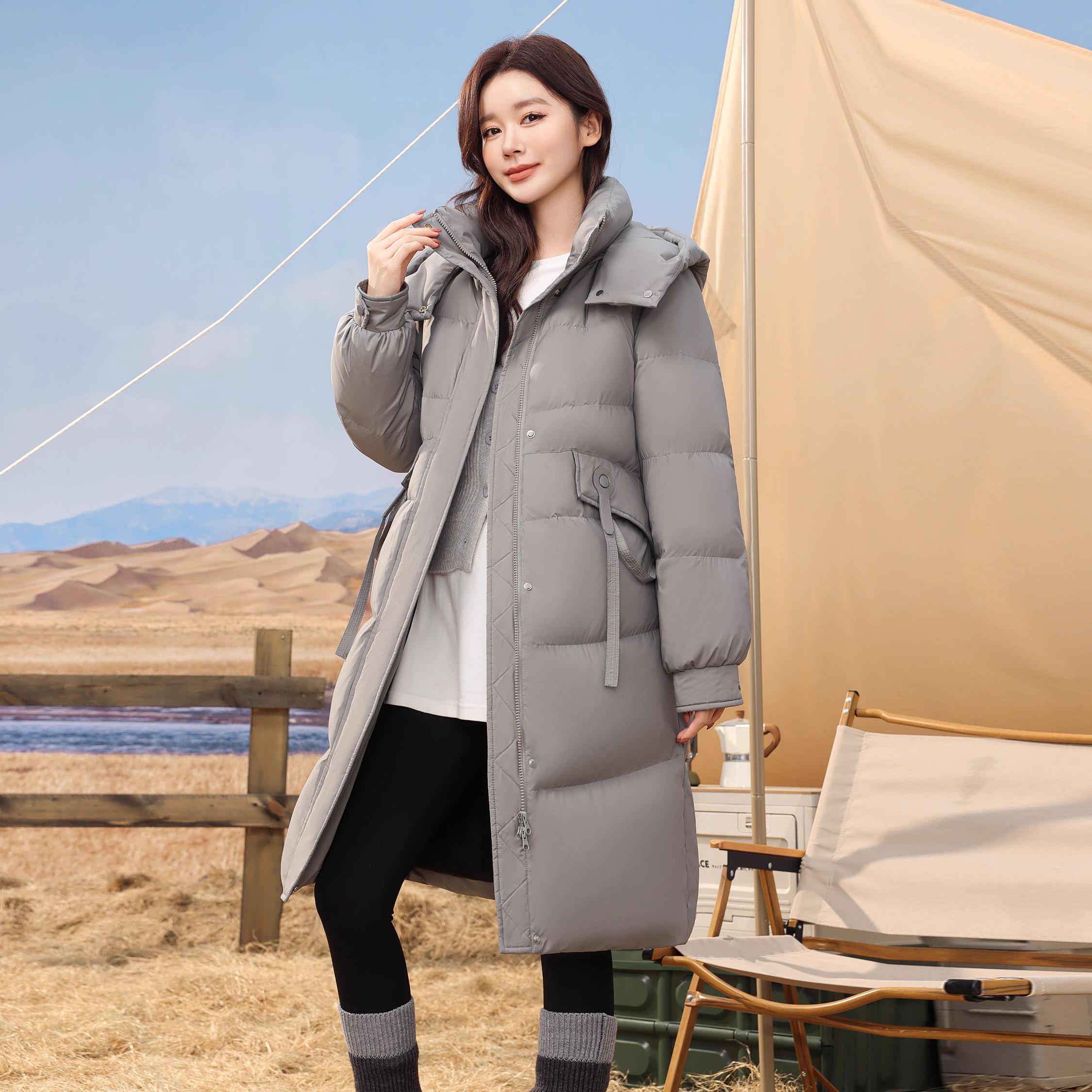 羽绒服纯色中长款连帽修身保暖外套 YHF411079G - 图1