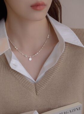 纯银珍珠破碎银项炼可访问豪华小众设计999纯银锁骨炼作为生日礼