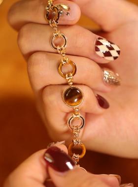 美拉德风《流光》薾曼原创设计虎眼石中古手链银镀金小众复古手环