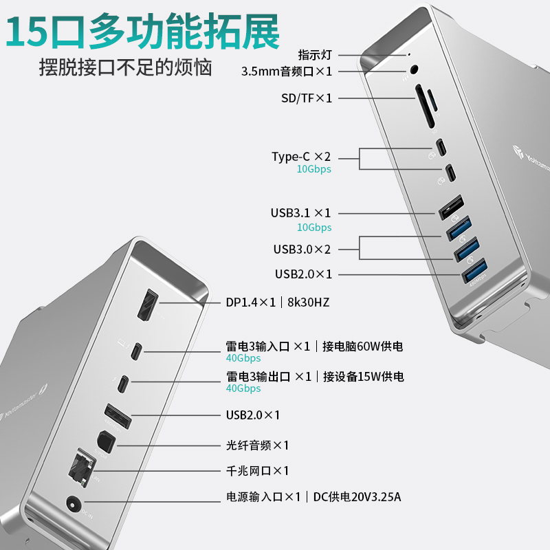 尤达大师全功能typec拓展坞带网口usb接口转换器投屏4K雷电3扩展器桌面控制多功能hub集线器工作室hdmi读卡器 - 图1