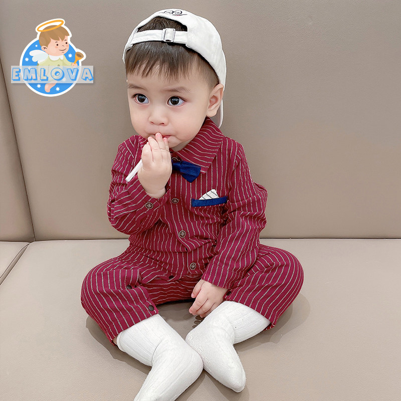百天宝宝衣服男婴儿春秋红色连体衣 emlova连身衣/爬服/哈衣
