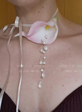 马蹄莲花朵流苏choker项链配饰