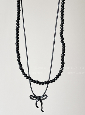 双层叠戴黑色蝴蝶结串珠项链甜酷
