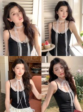 叠戴层次感蕾丝飘带系脖颈链丝巾