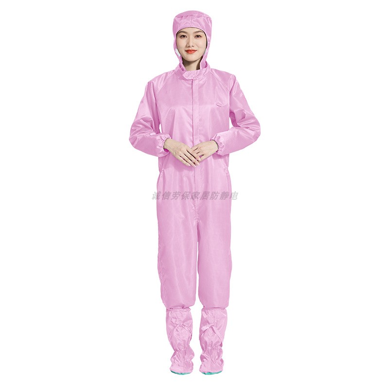 百级净化连体无尘服防静电塑料拉链5MM网格洁净室粉色连帽防尘服 - 图3