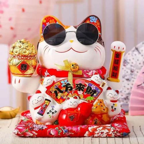 7 Inch Lucky Cat Decoration Feng Shui Fortune Cat Ceramic El - 图0