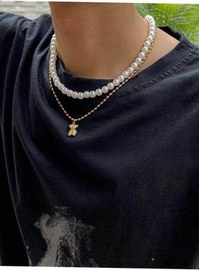 Fashion Imitation Pearls Chokers Necklace For Men Punk Bear