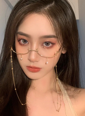 原宿风挂坠泪滴眼镜框女复古半框无镜片镜架吊坠素颜带链条眼镜链