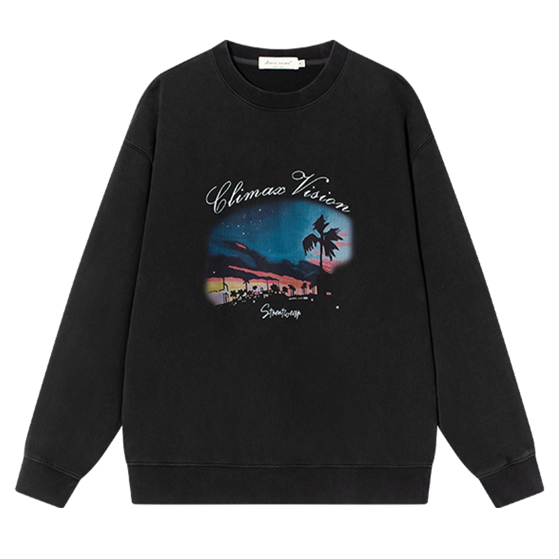 CLIMAX VISION做旧水洗风景图案圆领套头卫衣男美式高街休闲上衣 - 图3