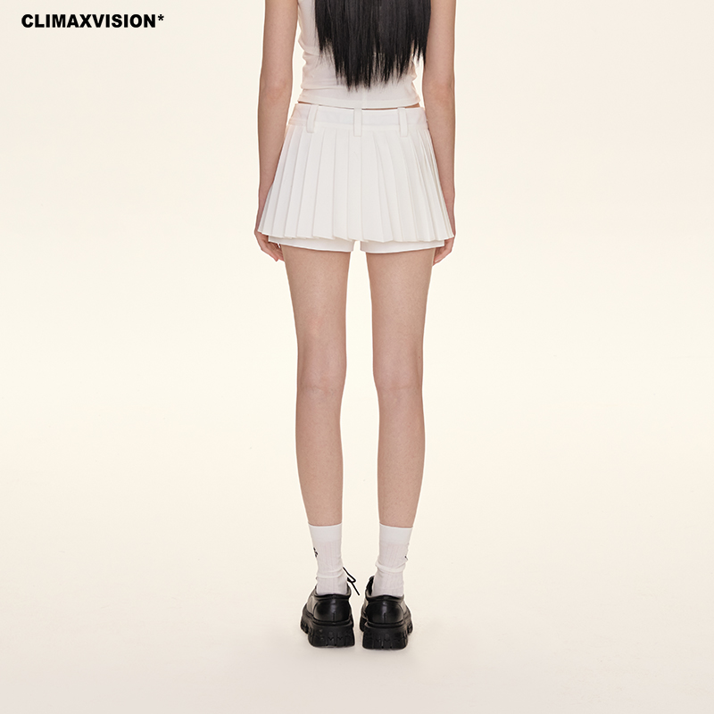 CLIMAX VISION白色显瘦弹力A型高腰百褶裙裤女防走光辣妹半身短裙 - 图2