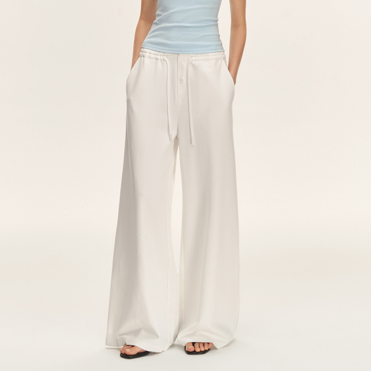 CLIMAX VISION多纽扣松紧抽绳宽腰头曲纹肌理针织阔腿休闲卫裤,淘宝优惠券,粉丝福利购,淘宝优惠卷