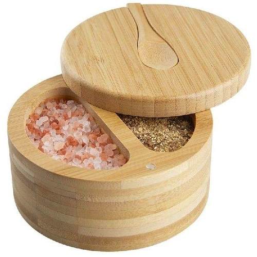 1Set Seasoning Box With Swivel Lid Bamboo Salt Cellar Wood - 图0