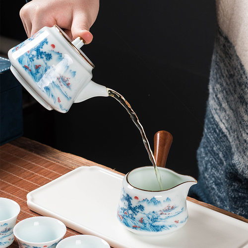 影青木柄侧把壶旅行功夫茶具套装便携包户外一壶四杯陶瓷家用简约 - 图2