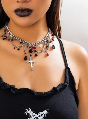 Neck chain cross pendant with dark collarbone chain